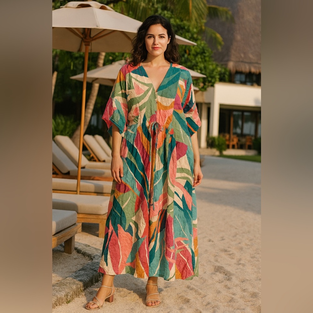 Palms Away multicolor beach vacation resort dress SIZE SMALL NWT linen blend